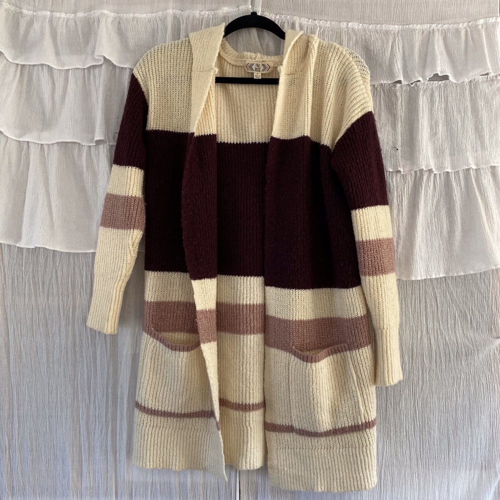 Pink Rose Long Hooded Knit Cardigan Sweater